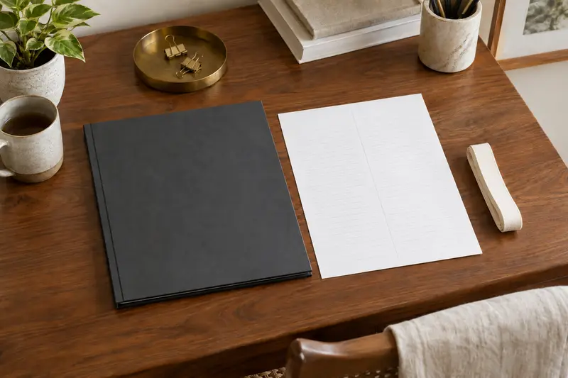 Closed charcoal folder, blank ruled comparison sheet and folded plain ribbon on a walnut desk.