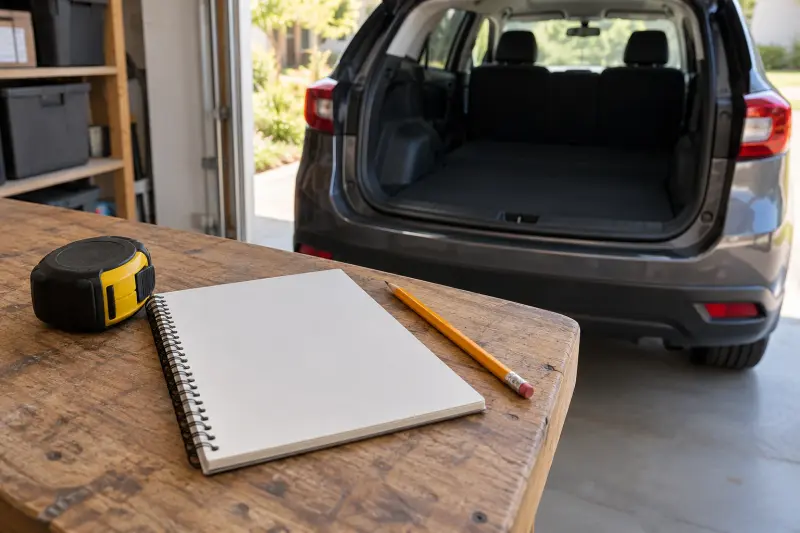 Blank notebook and closed tape measure near an empty car boot.