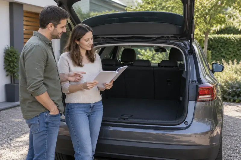 Two adults discussing a blank booklet beside an empty car boot.