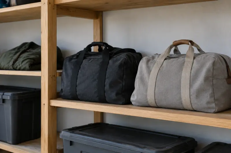 Plain travel bags stored on a garage shelf.