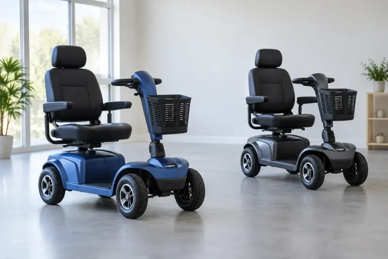 Illustrative quiet display room with two separate empty mobility scooters.