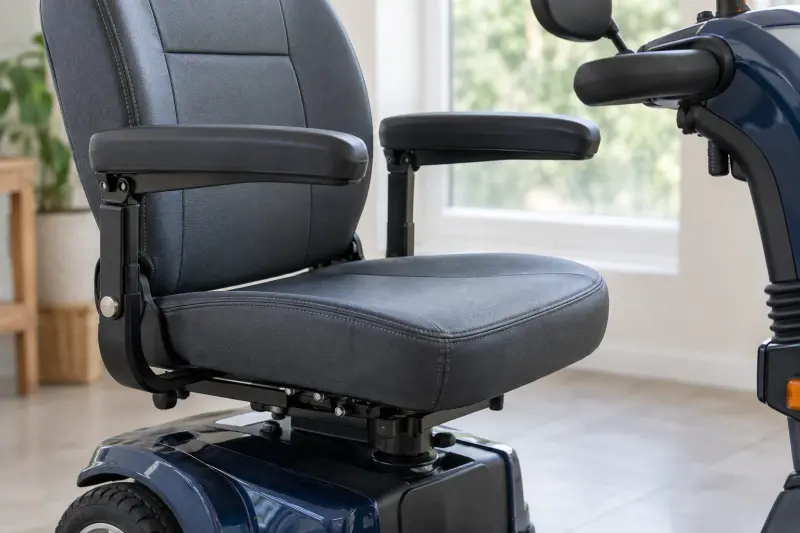 Illustrative close view of an empty scooter seat and armrest.