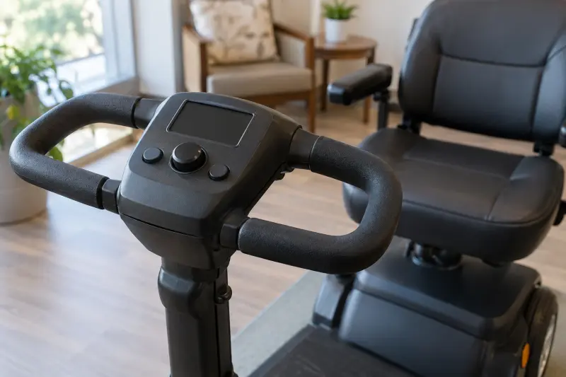 Illustrative close view of an unused plain scooter tiller and grips.