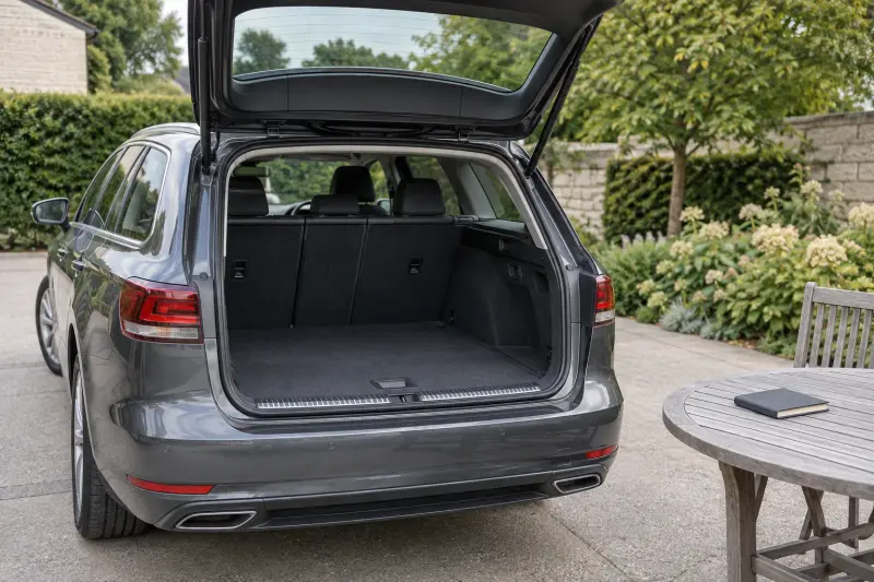 Illustrative open empty car luggage area beside a separate table with a notebook.
