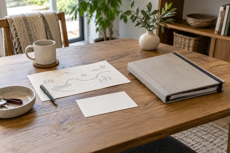 Illustrative demonstration planning folder beside a fictional route sketch and blank card.
