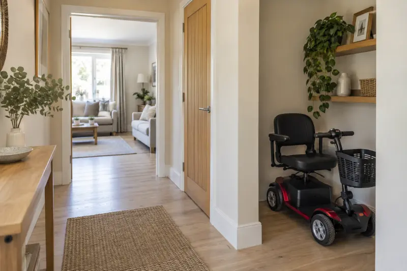 Illustrative view of an empty mobility scooter parked in an alcove beside a home hallway.