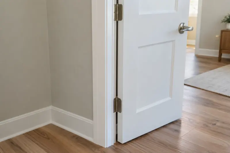 Illustrative detail of an open door, hinges and handle beside a wall corner.