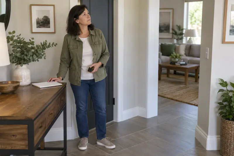 Illustrative scene of a woman holding a retracted tape measure beside a doorway and notebook.