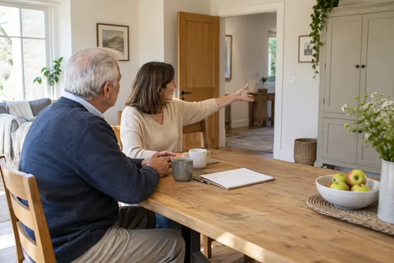 Illustrative scene of two adults discussing a doorway and cupboard from a dining table.