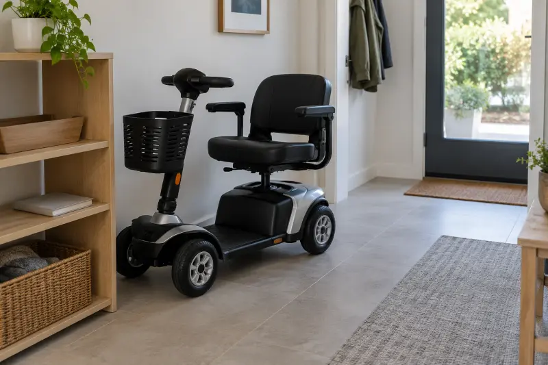 Illustrative view of an empty mobility scooter stored beside a shelf with a plain booklet.