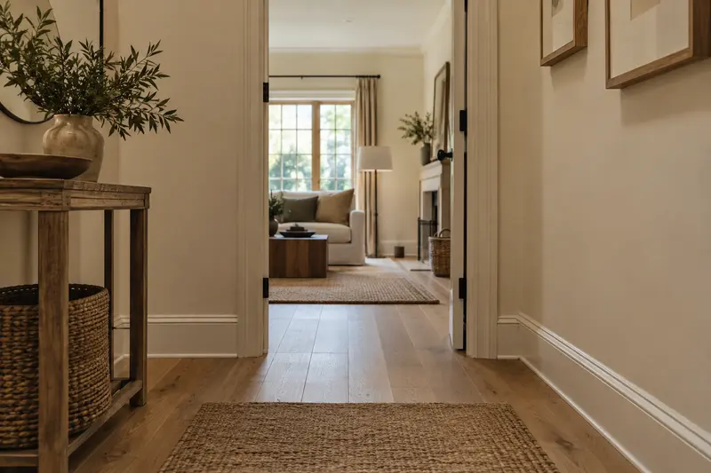 Illustrative empty home hallway and open living-room doorway.