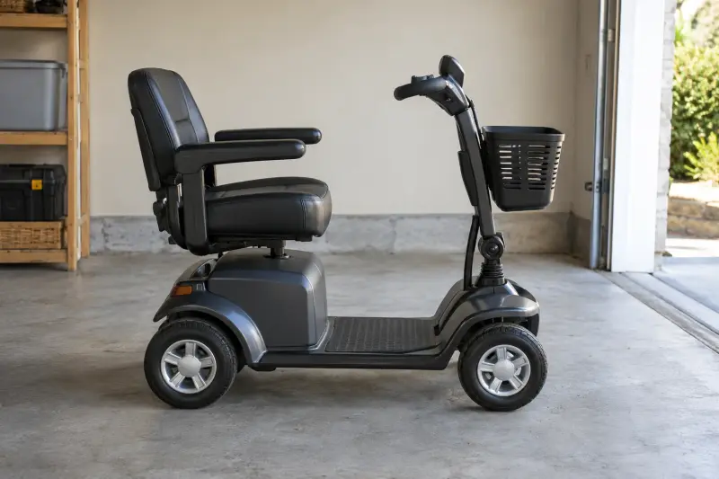 A plain mobility scooter parked unoccupied in a dry garage.