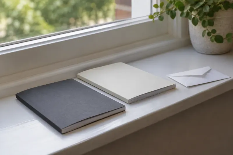 Plain closed booklets and envelope on a windowsill.