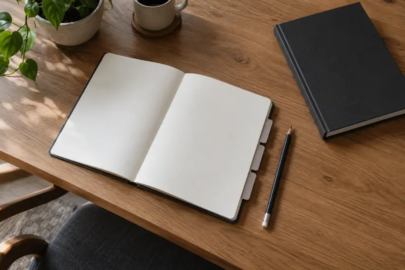 Blank tabbed notebook beside a closed manual.