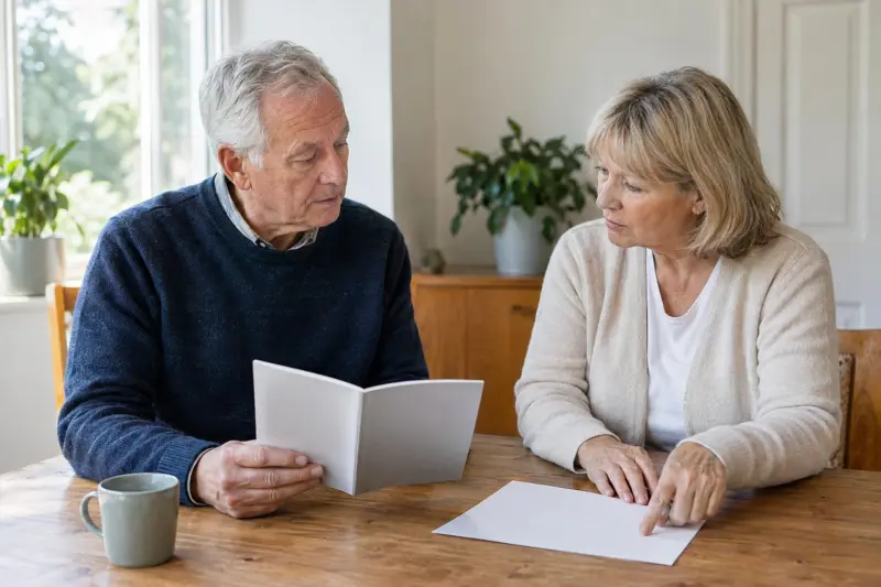 Two older adults discussing plain records.