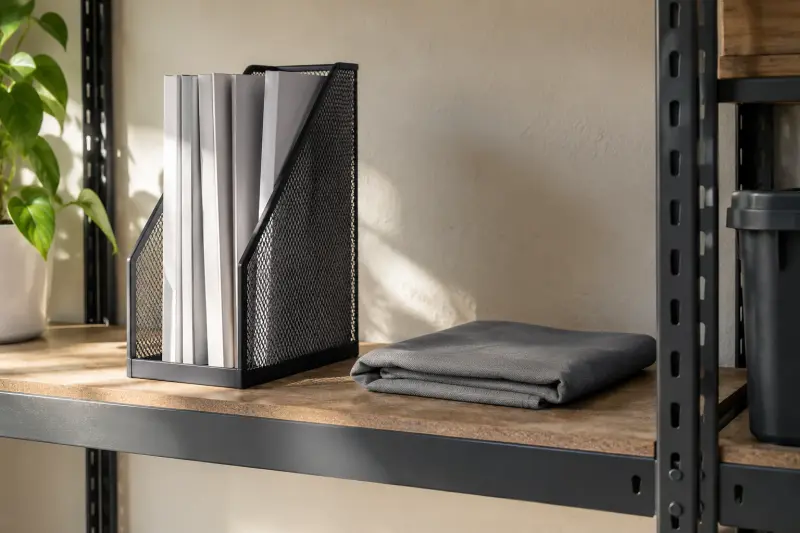 Plain instruction booklets in a metal rack beside a folded grey cover on a dry shelf