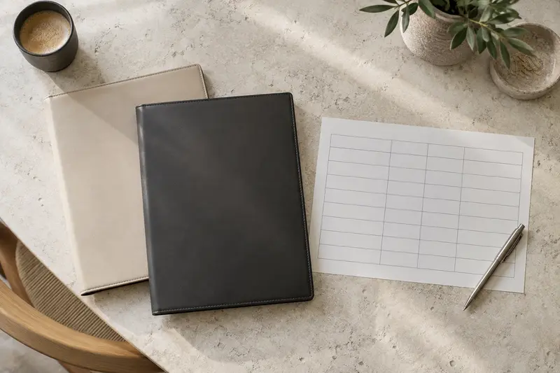 Illustrative contrasting purchase folders and an empty comparison grid on a stone desk.