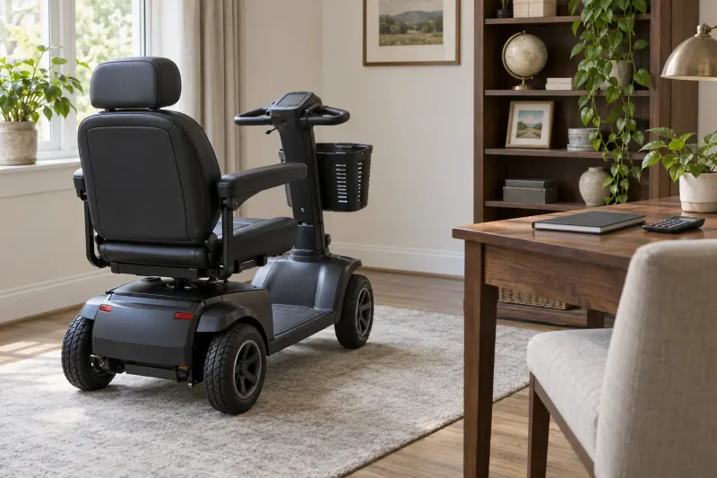 Illustrative parked mobility scooter in a study with a separate planning desk.