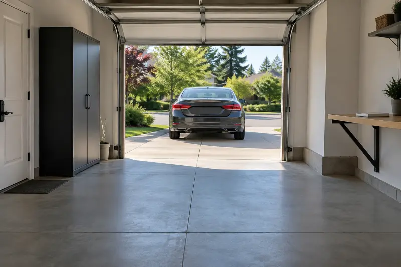 Illustrative tidy garage opening toward a parked car outside.