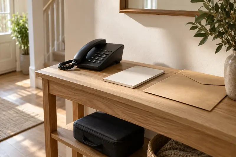Illustrative telephone, plain booklet and envelope on a console with a separate equipment case.