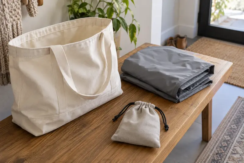 Illustrative separate canvas bag, folded fabric cover and small pouch on a bench.