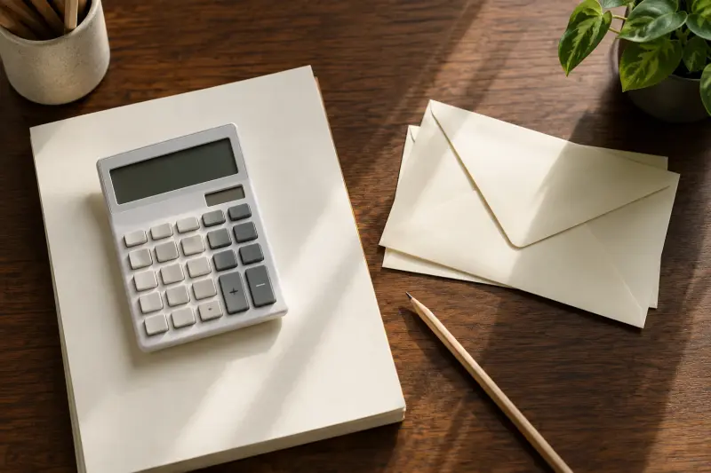 Illustrative inactive calculator, blank paper, envelopes and pencil on a desk.
