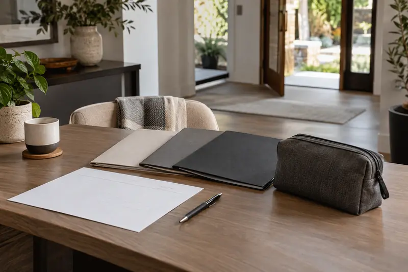 Illustrative budget comparison paper, plain folders and an empty pouch on a desk.