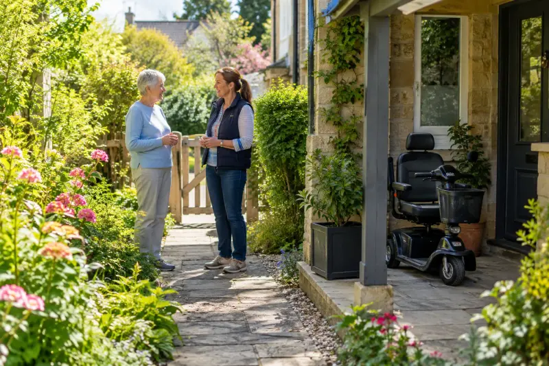 Illustrative scene of two adults discussing a garden route beside an empty parked mobility scooter.