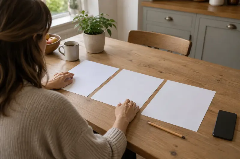 Illustrative scene of three blank journey-planning sheets beside a pencil and phone.