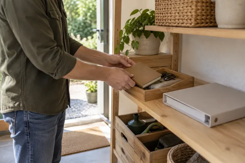 Illustrative detail of a plain notebook and binder stored near a garden doorway.