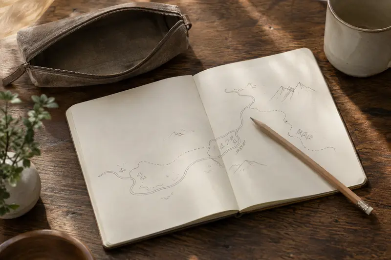 Illustrative fictional route sketch in a notebook beside a pencil and empty pouch.