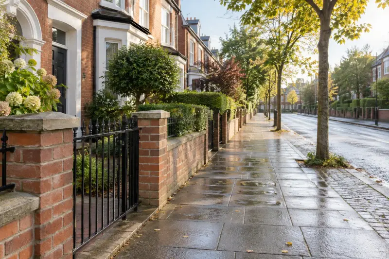 An empty residential pavement beside brick homes and garden gates in morning light