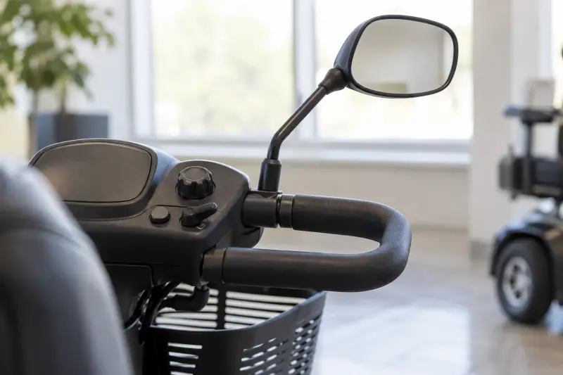 A close view of stationary generic mobility-scooter controls and a mirror by a showroom window