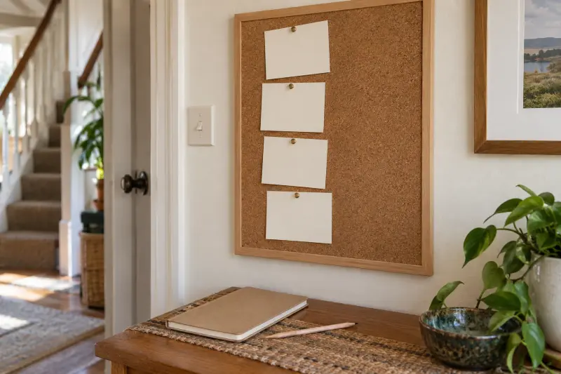 Four blank cards on a hallway corkboard above a closed notebook and pencil