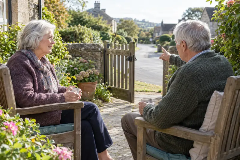 Two older adults talking on garden chairs beside an open gate to a quiet street
