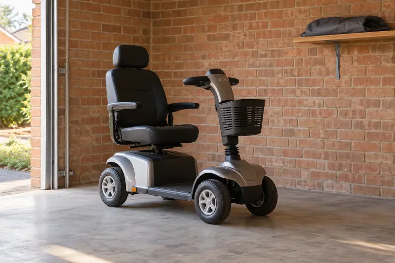 An unoccupied generic mobility scooter in a dry brick garage beside a folded cover on a shelf