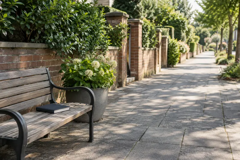 Illustrative quiet residential pavement with a closed route notebook on a bench.