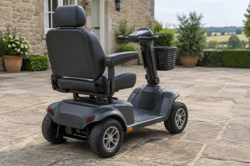 Illustrative empty mobility scooter parked in a private courtyard.