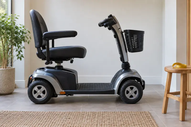 Illustrative side view of an empty scooter seat and deck beside a separate stool with a coiled tape.