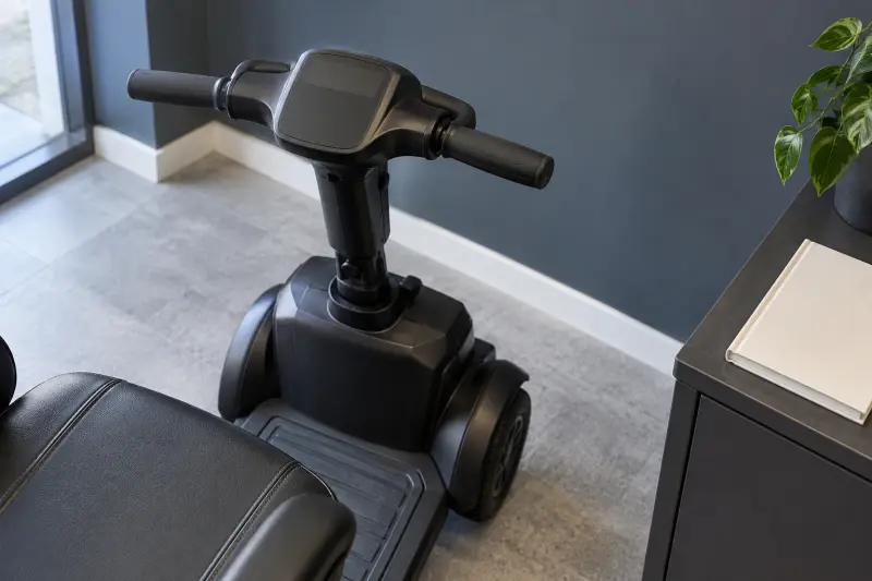 Illustrative unused scooter controls and a blank booklet on a separate console.