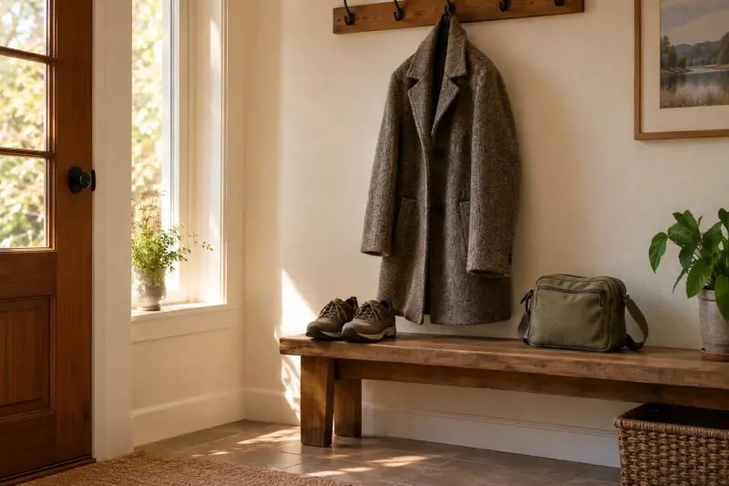 Illustrative entryway with a plain coat, shoes and separate small bag.
