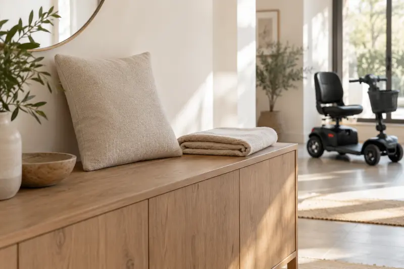 Illustrative unattached cushion and folded fabric on a sideboard with a distant empty scooter.