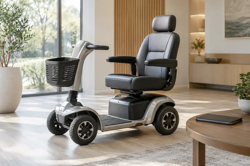 Illustrative empty unbranded mobility scooter beside a closed folder in a bright room.