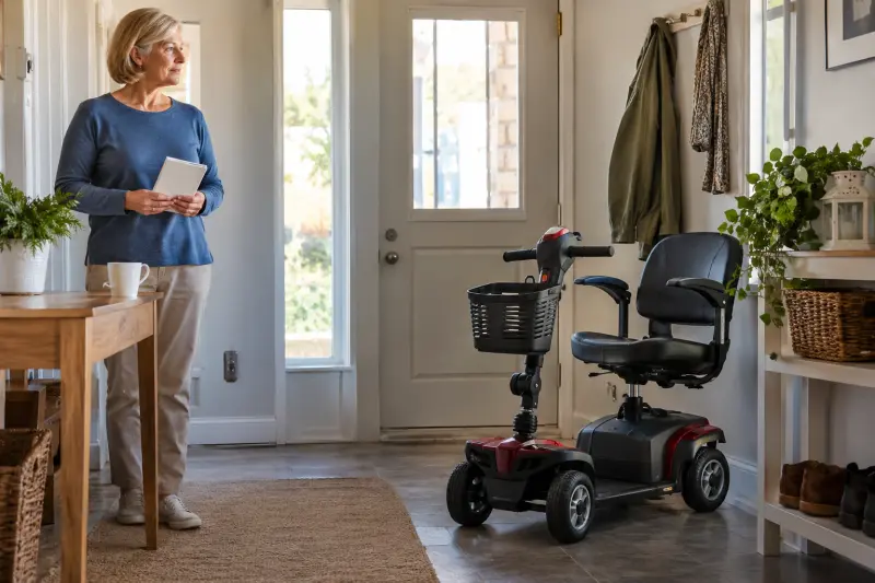 Illustrative scene of a woman holding a plain booklet beside an empty mobility scooter at home.