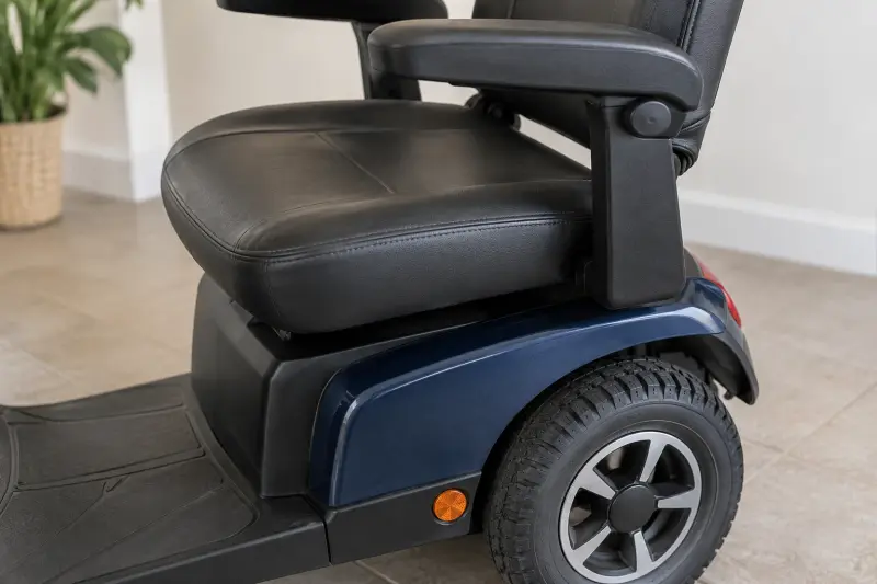 Illustrative detail of a generic mobility scooter seat, arm support and stationary wheel.