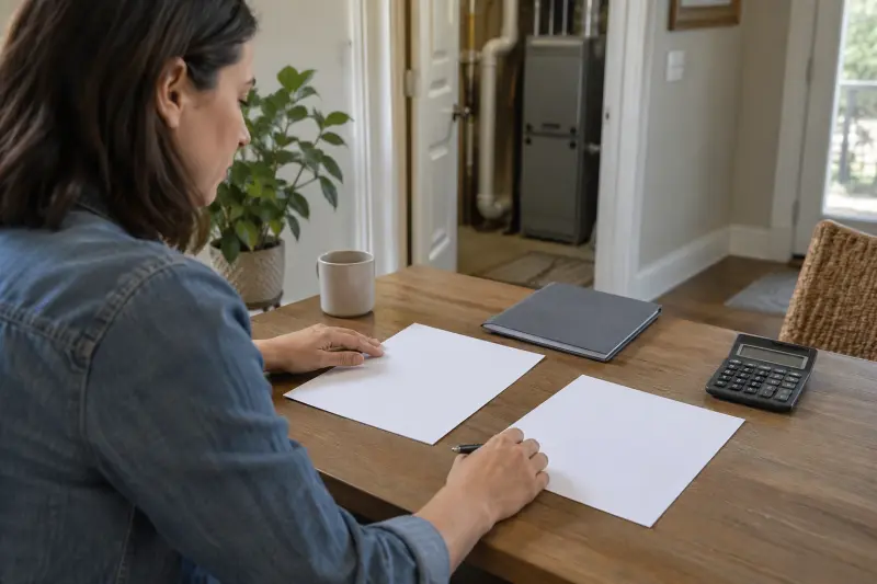 Illustrative scene of preparing service questions with blank sheets and a calculator.