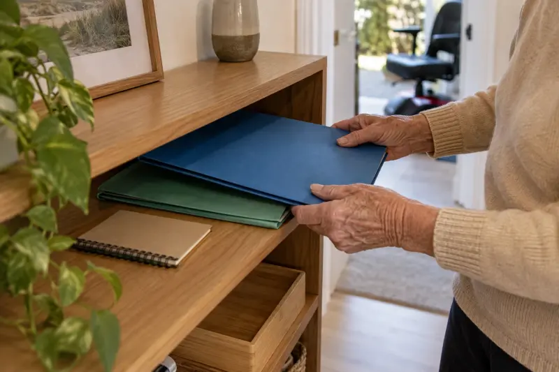 Illustrative photograph of plain folders being organised on a shelf with a parked mobility scooter in the background.