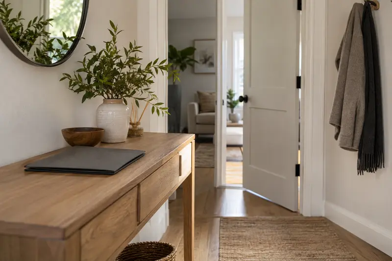 Illustrative home entrance with a closed folder on an oak console.