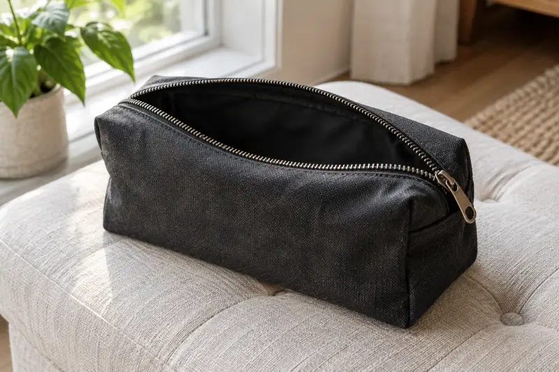 Una bolsa suelta de lona oscura con la cremallera abierta sobre un reposapiés claro