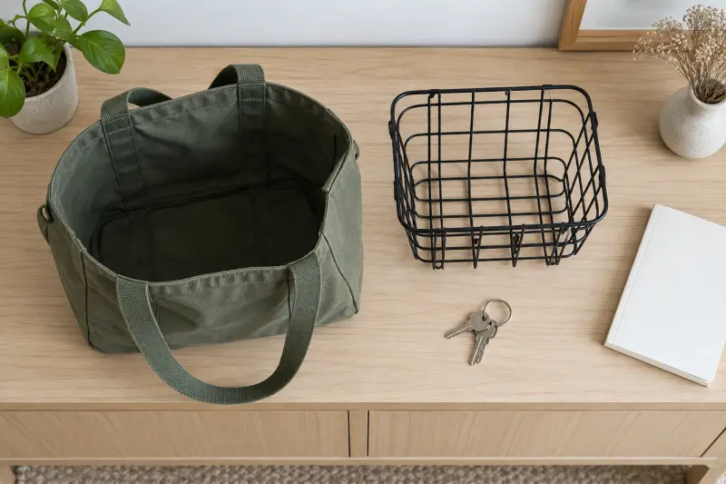 Una bolsa de tela vacía y una cesta metálica separada junto a llaves y un cuaderno en blanco